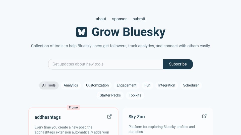 Screenshot of growbluesky.com: Show HN: Grow Bluesky – A curated collection of the best tools for Bluesky users