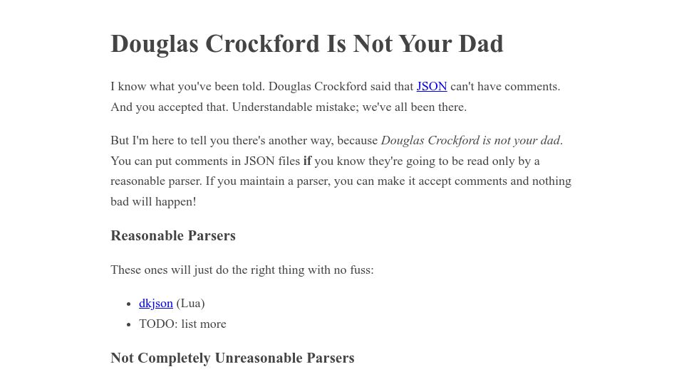 Screenshot of douglascrockfordisnotyourdad.technomancy.us: JSON parsers that can accept comments