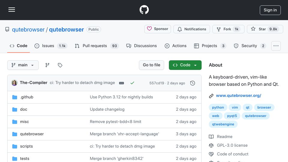 Screenshot of github.com: Qutebrowser: A keyboard-driven, Vim-like browser