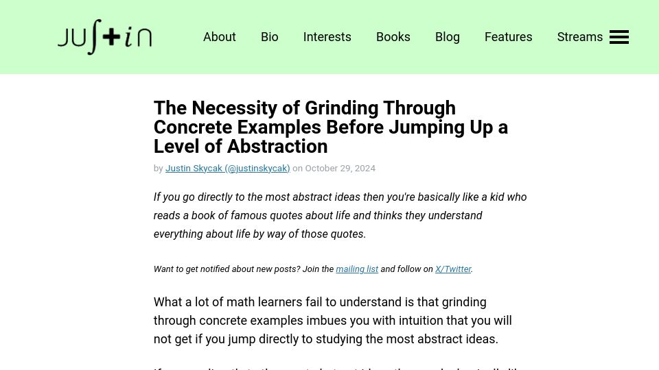 Screenshot of justinmath.com: The Need to Grind Concrete Examples Before Jumping Up a Level of Abstraction