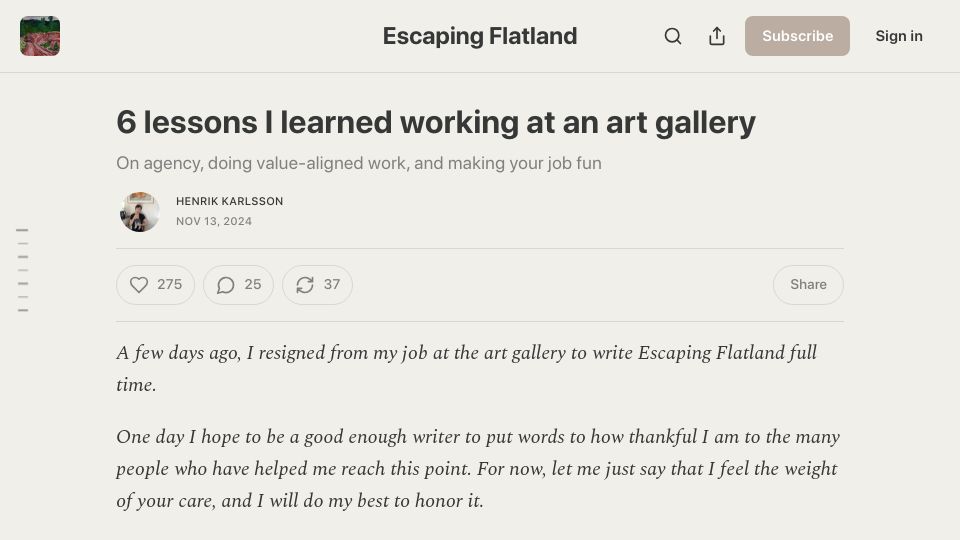 Screenshot of henrikkarlsson.xyz: 6 Lessons I learned working at an art gallery