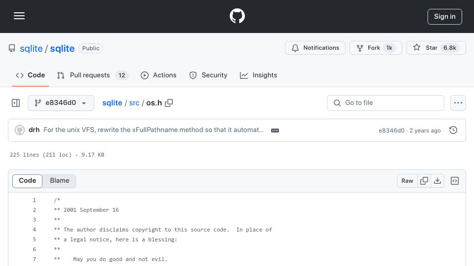 Screenshot of github.com: SQLite changed temp file prefix after McAfee users called devs to complain (2006)