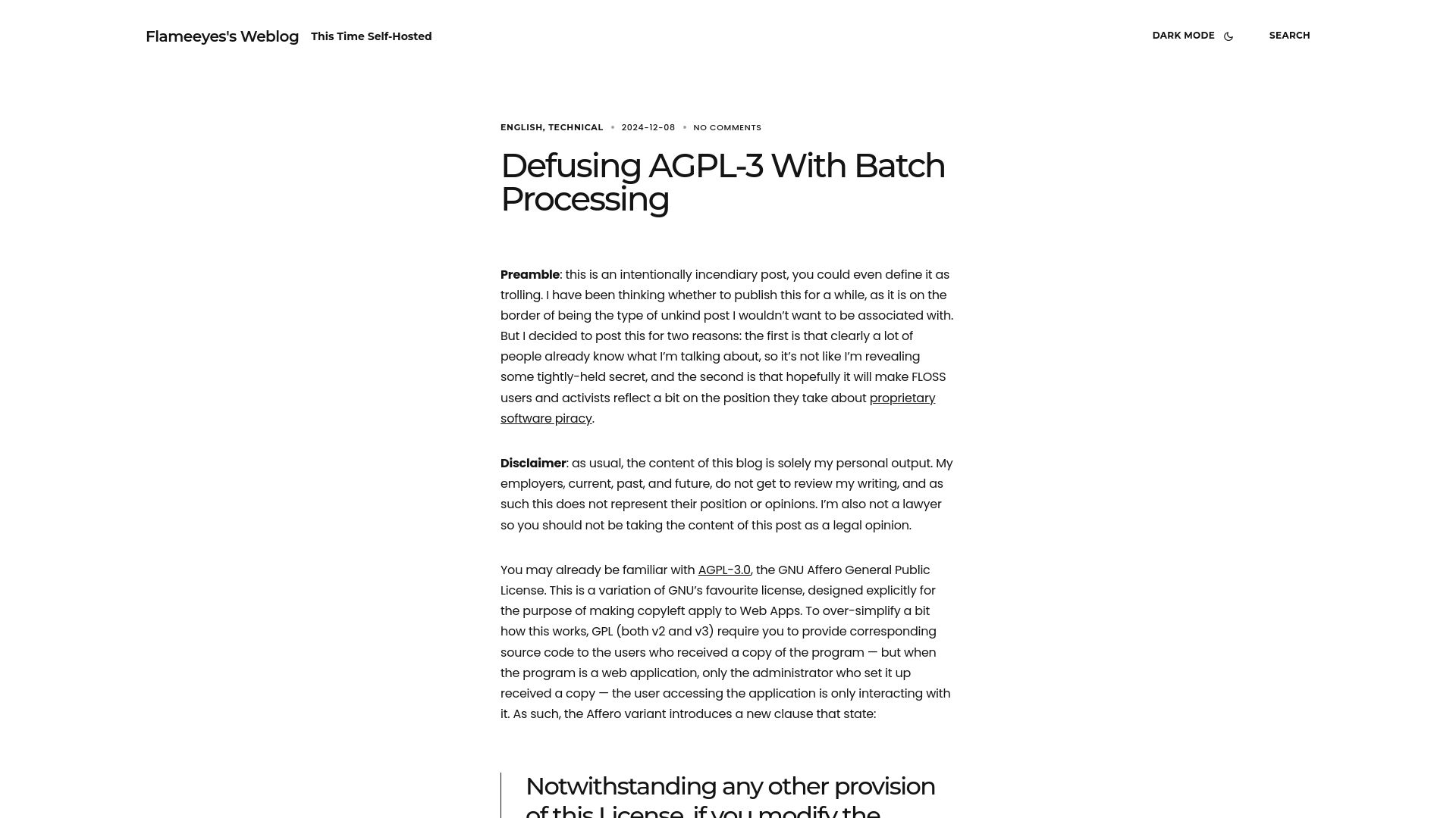 Screenshot of flameeyes.blog: Defusing AGPL-3 with Batch Processing