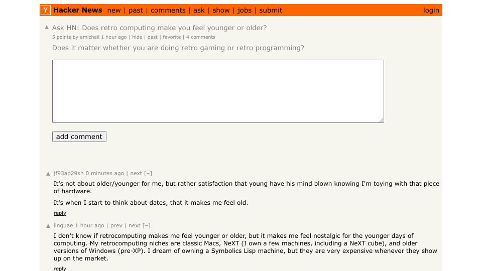 Screenshot of Hacker News post: Ask HN: Does retro computing make you feel younger or older?