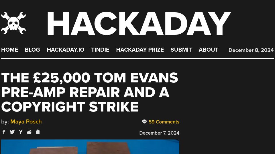 Screenshot of hackaday.com: Mend it Mark gets suspect copyright strike for £25k audio amp repair