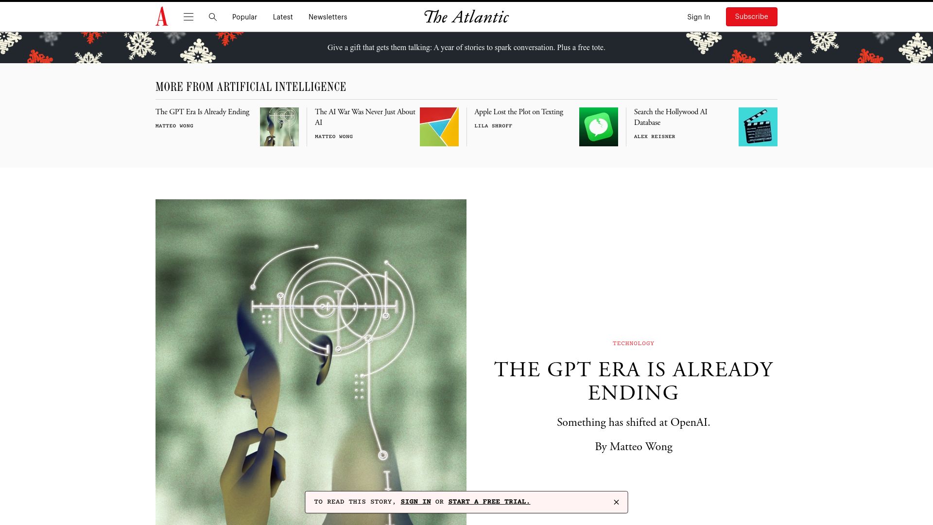 Screenshot of theatlantic.com: The GPT era is already ending