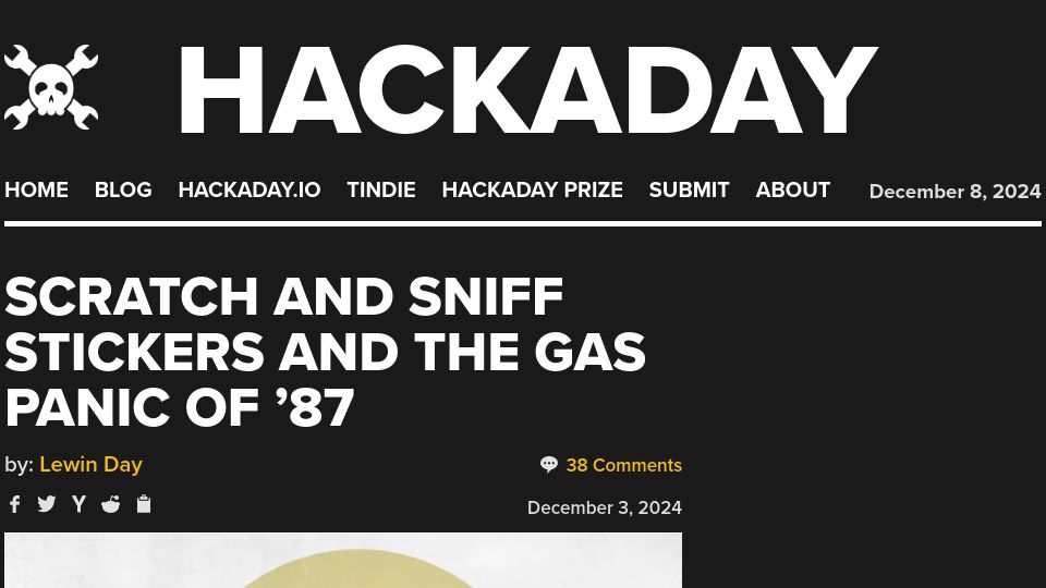 Screenshot of hackaday.com: Scratch and Sniff Stickers and the Gas Panic of '87