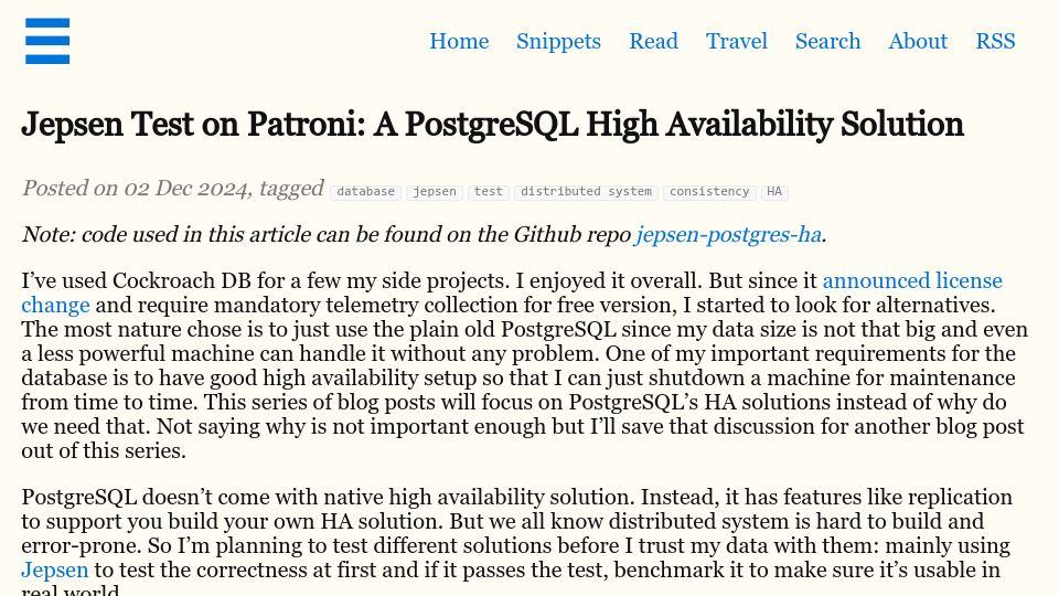 Screenshot of binwang.me: PostgreSQL High Availability Solutions – Part 1: Jepsen Test and Patroni