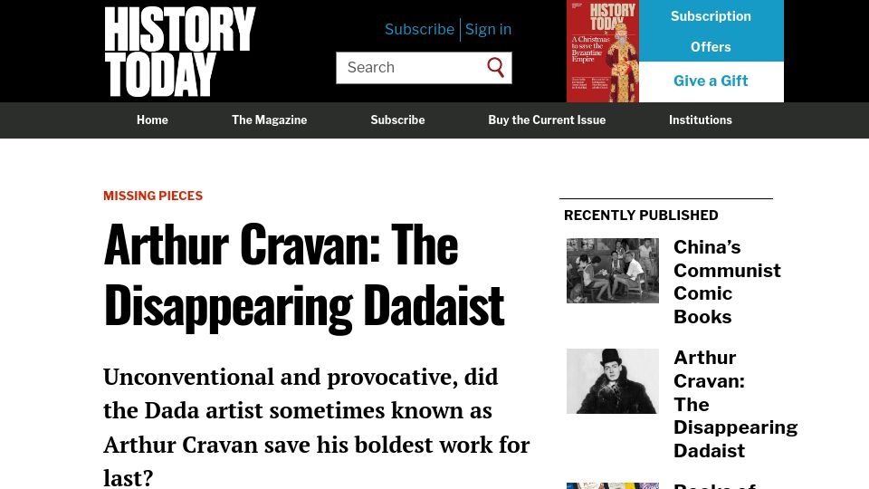 Screenshot of historytoday.com: Arthur Cravan: The Disappearing Dadaist