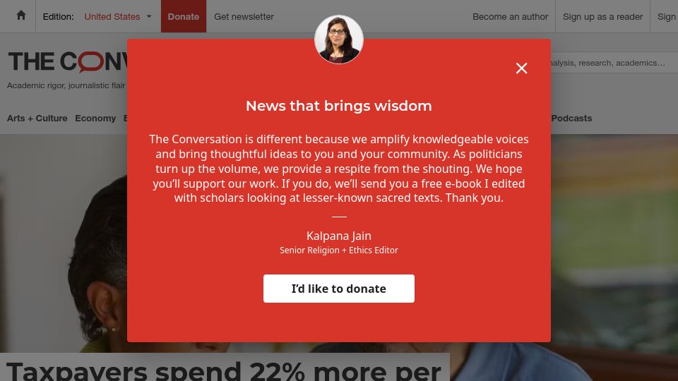 Screenshot of theconversation.com: Taxpayers spend 22% more per patient to support Medicare Advantage