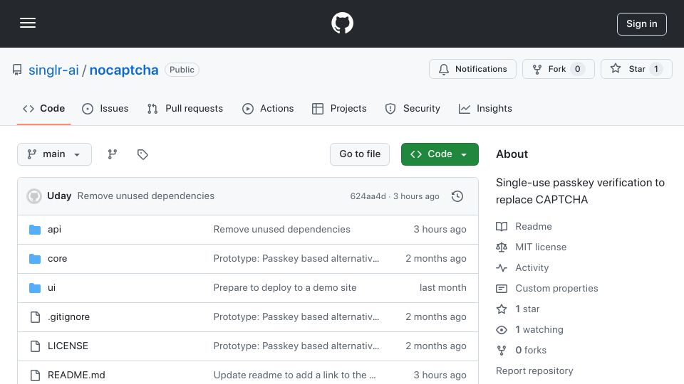 Screenshot of github.com: Show HN: Replace CAPTCHAs with WebAuthn passkeys for bot prevention