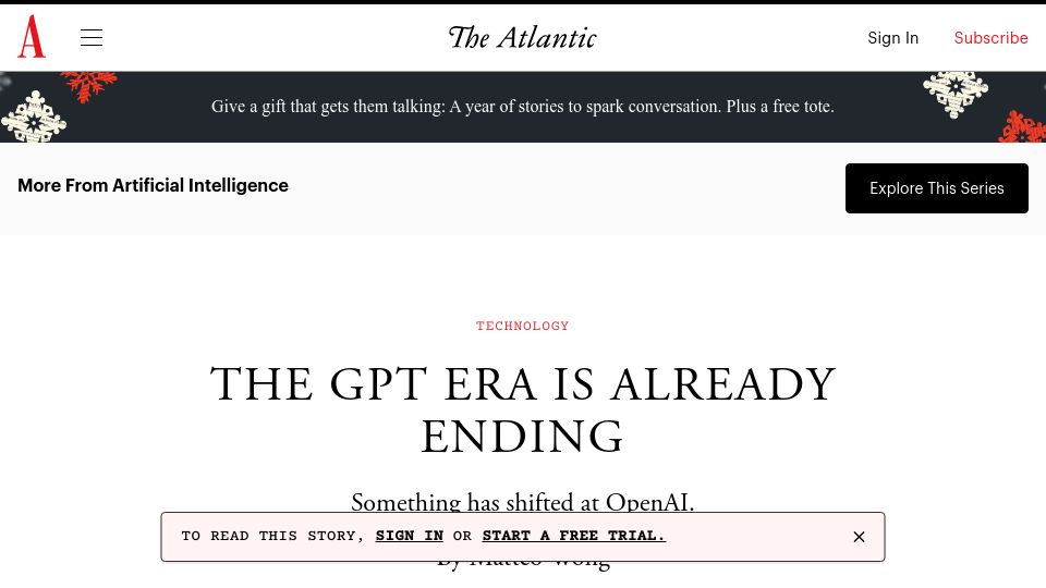 Screenshot of theatlantic.com: The GPT era is already ending