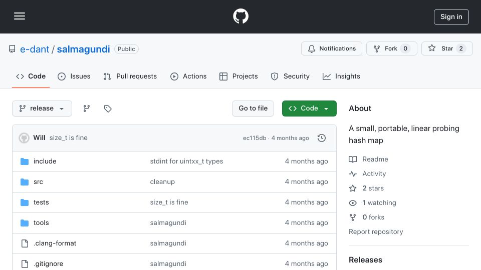 Screenshot of github.com: Show HN: A portable hash map in C