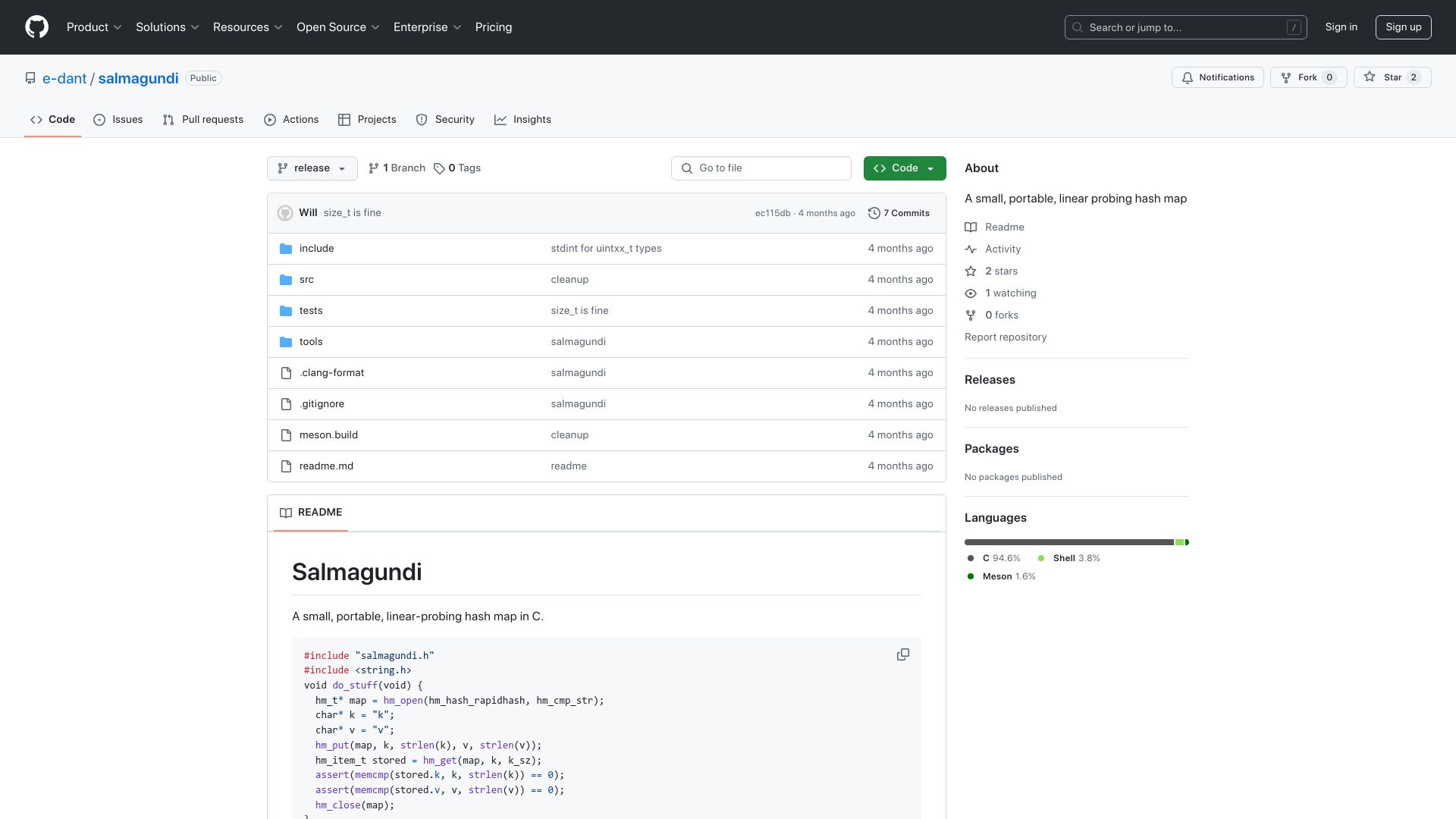 Screenshot of github.com: Show HN: A portable hash map in C