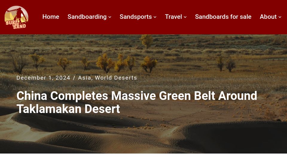 Screenshot of sand-boarding.com: China completes green belt around Taklamakan Desert