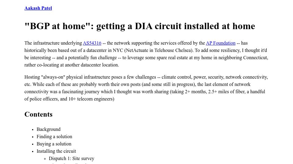 Screenshot of aaka.sh: "BGP at home": getting a DIA circuit installed at home