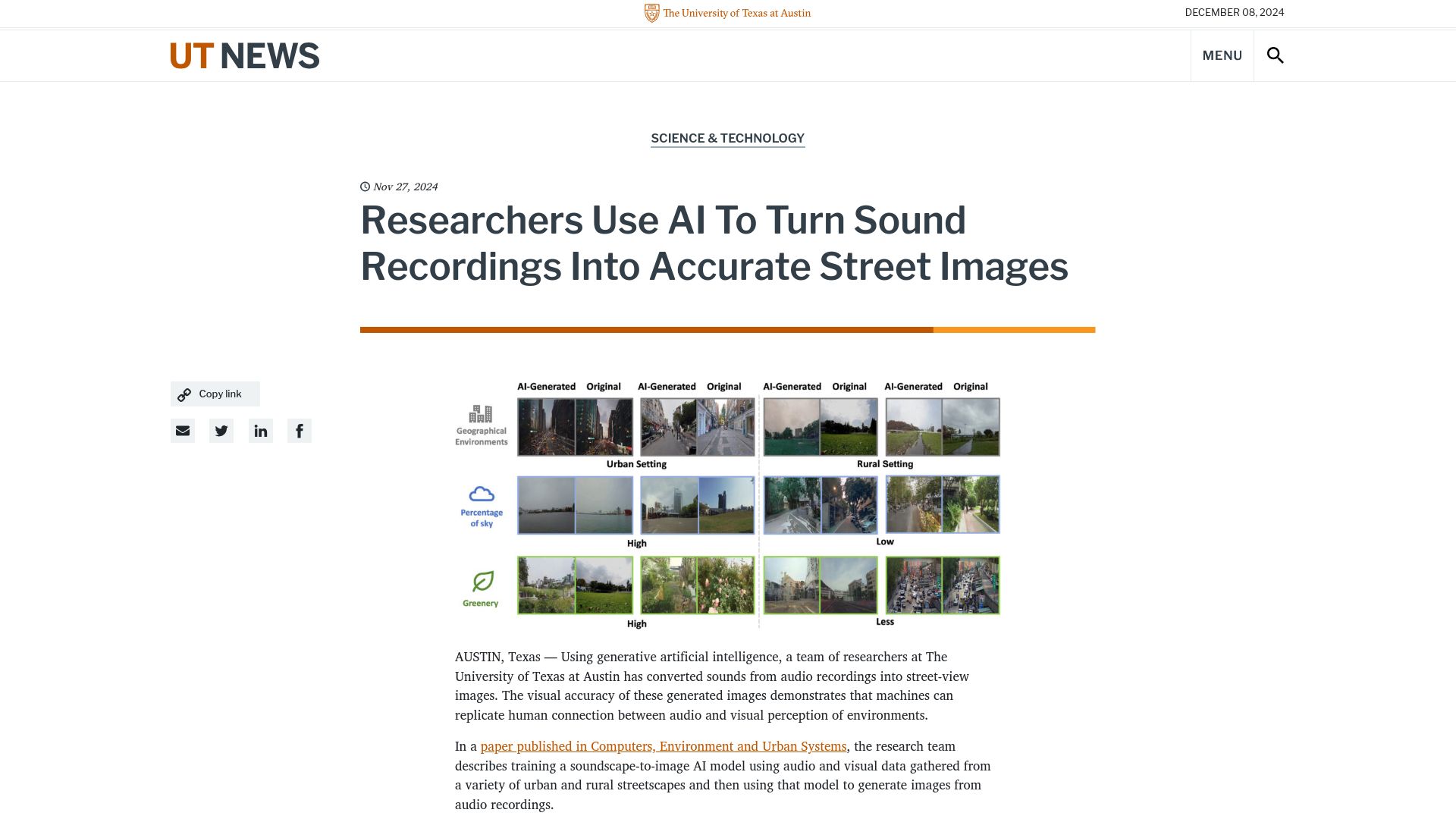 Screenshot of news.utexas.edu: Researchers use AI to turn sound recordings into street images