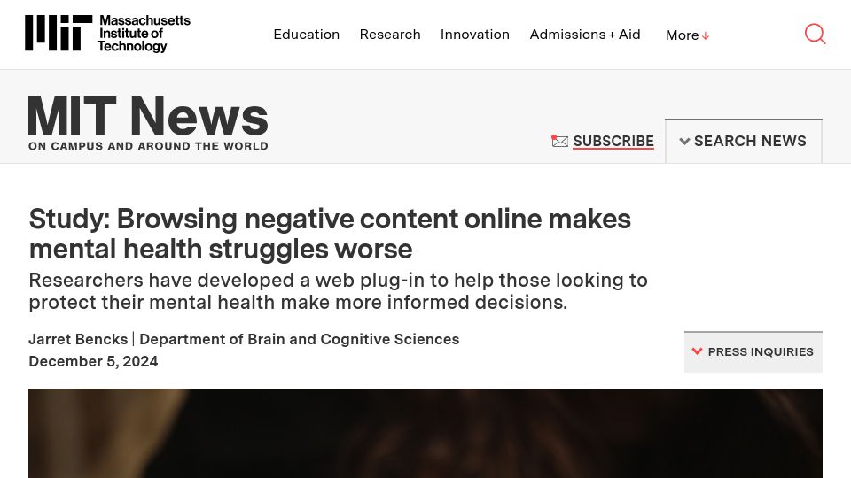 Screenshot of news.mit.edu: Browsing negative content online makes mental health struggles worse: Study