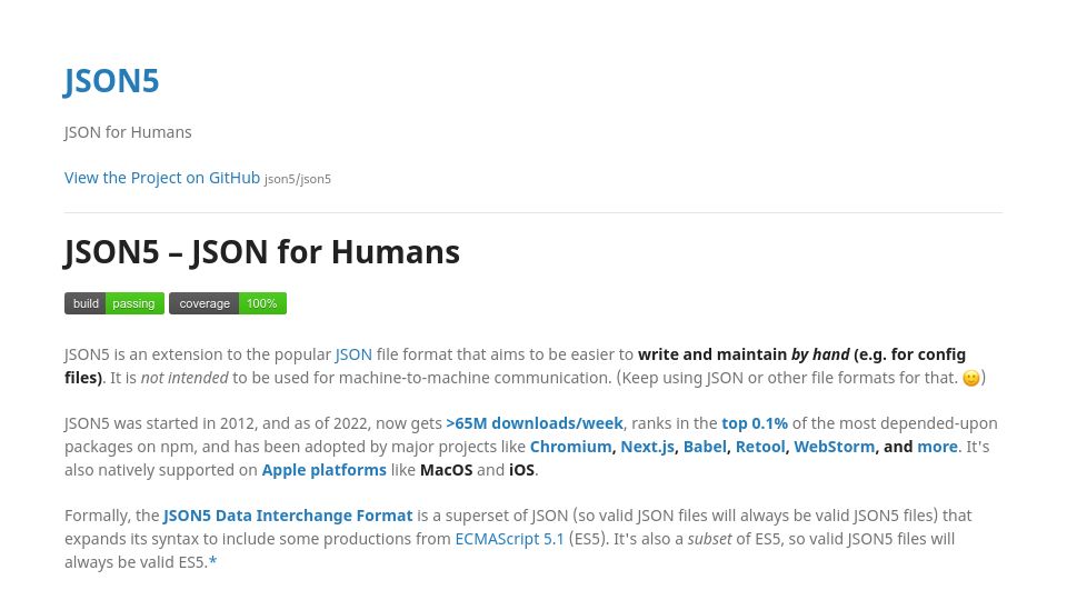 Screenshot of json5.org: JSON5 – JSON for Humans