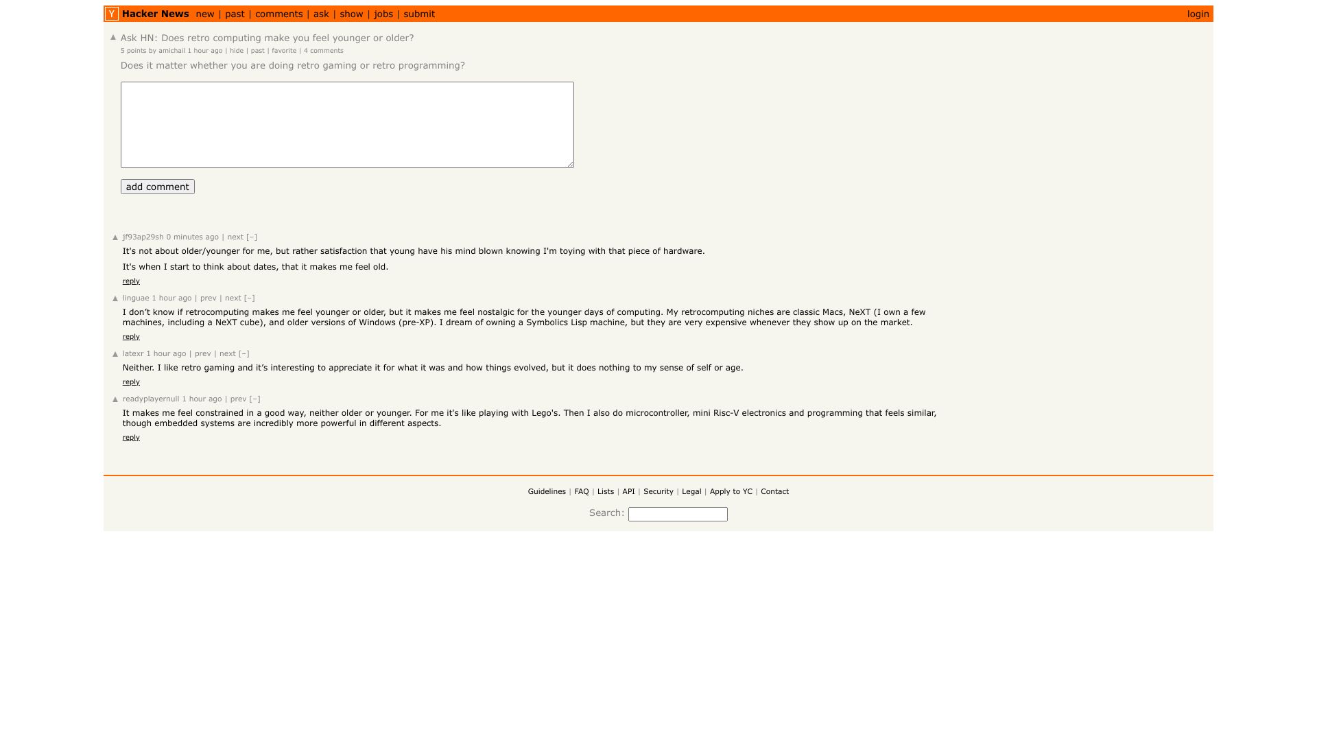 Screenshot of this Hacker News post: Ask HN: Does retro computing make you feel younger or older?