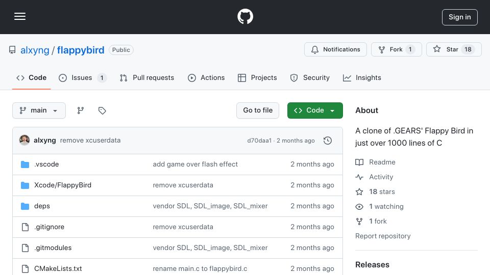 Screenshot of github.com: Flappy Bird in 1000 lines of C
