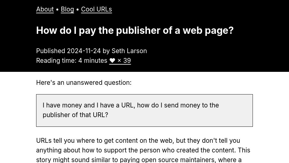 Screenshot of sethmlarson.dev: How do I pay the publisher of a web page?