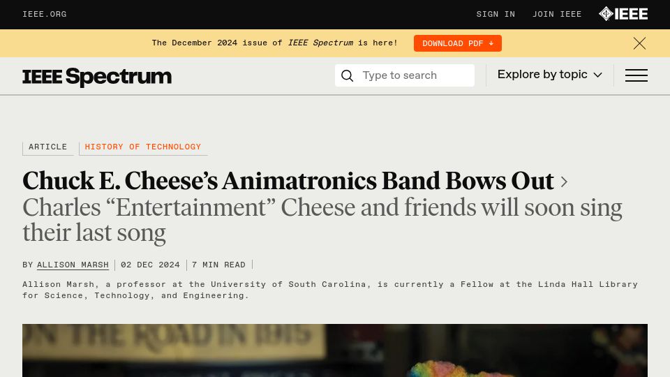Screenshot of spectrum.ieee.org: Chuck E. Cheese's animatronics band bows out