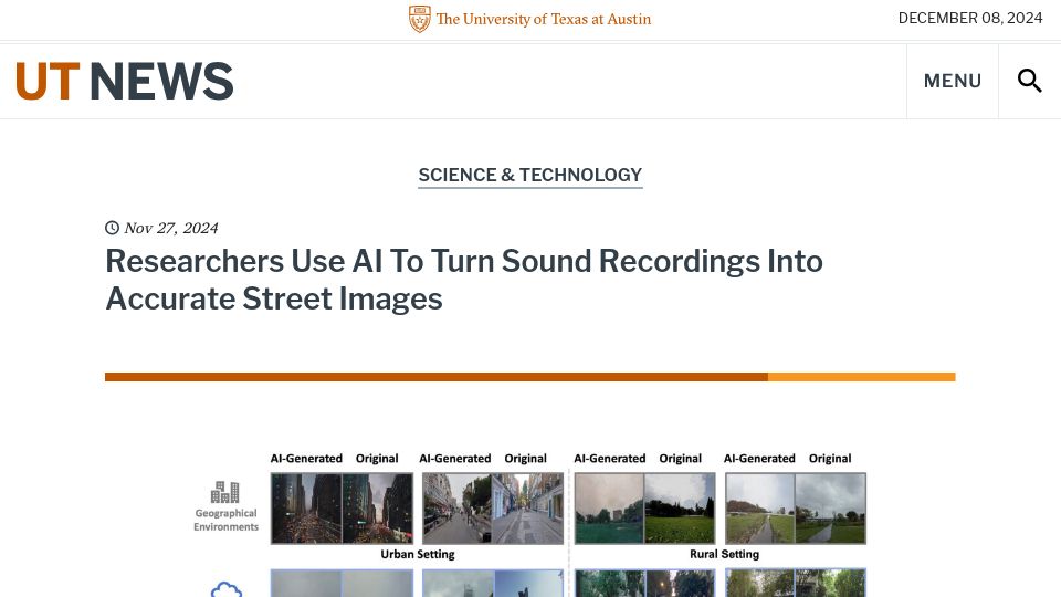 Screenshot of news.utexas.edu: Researchers use AI to turn sound recordings into street images
