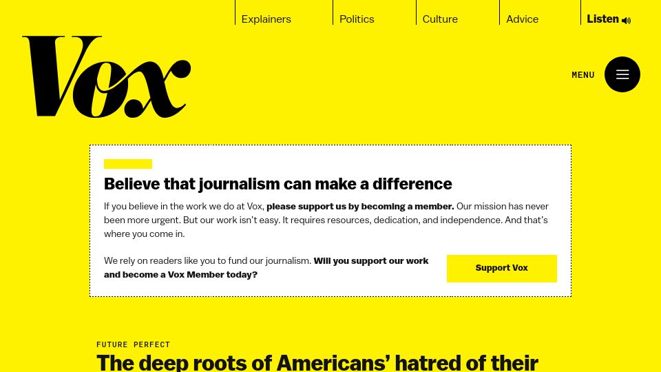Screenshot of vox.com: The deep roots of Americans' hatred of their health care system