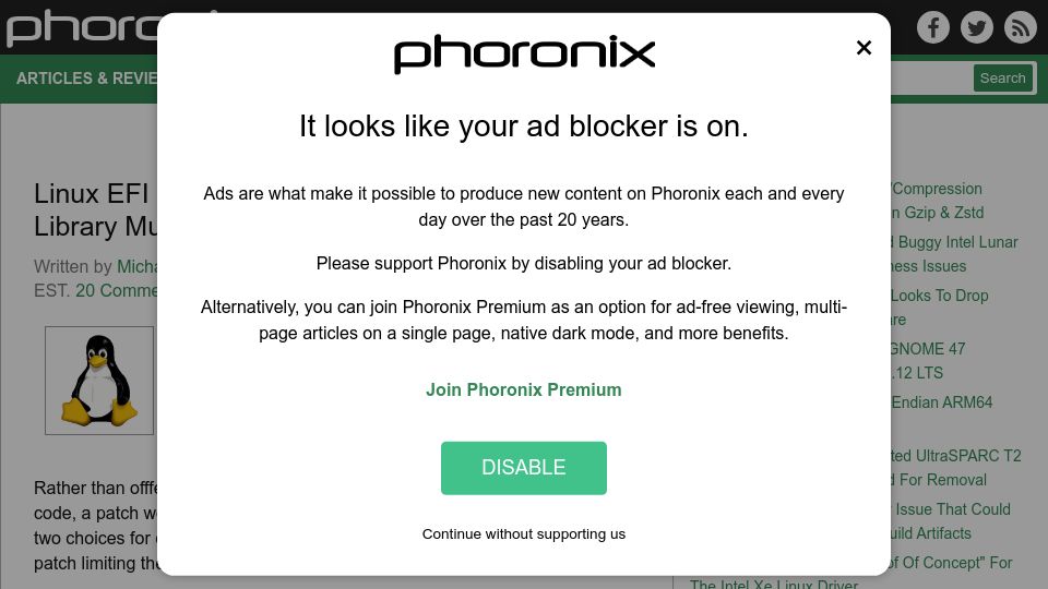 Screenshot of phoronix.com: Linux EFI Zboot Abandoning "Compression Library Museum", Focusing on Gzip, ZSTD