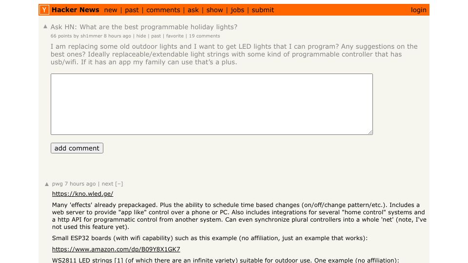 Screenshot of Hacker News post: Ask HN: What are the best programmable holiday lights?