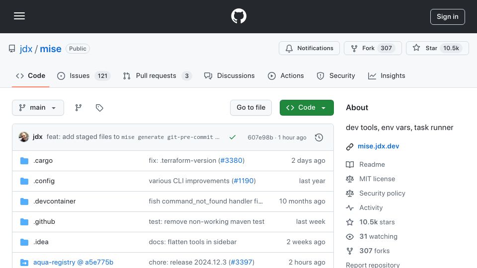 Screenshot of github.com: Mise: Dev tools, env vars, task runner