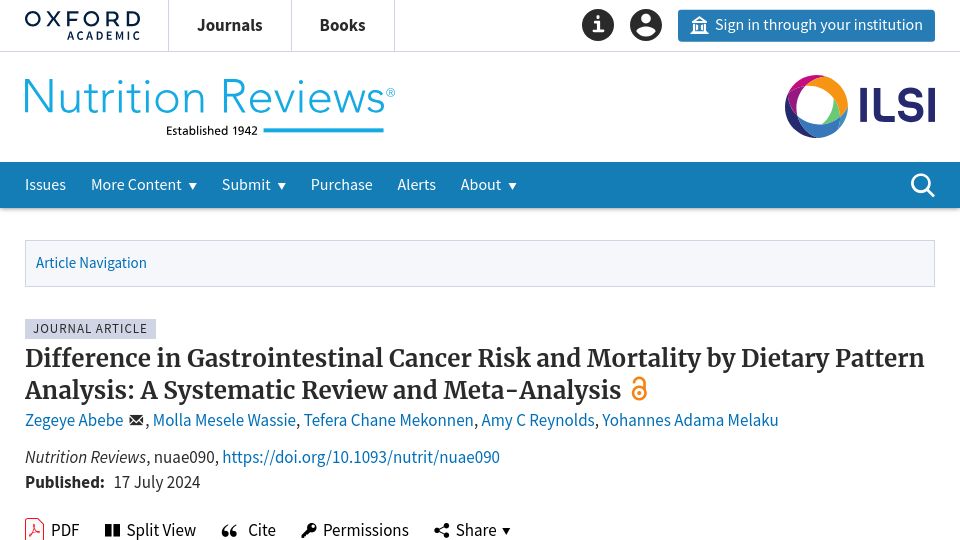 Screenshot of academic.oup.com: Difference in Gastrointestinal Cancer Risk and Mortality by Dietary Patterns