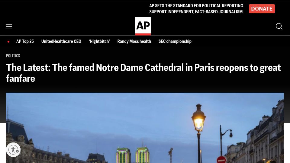 Screenshot of apnews.com: Notre Dame Cathedral reopens