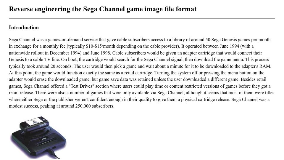 Screenshot of infochunk.com: Reverse engineering the Sega Channel game image file format