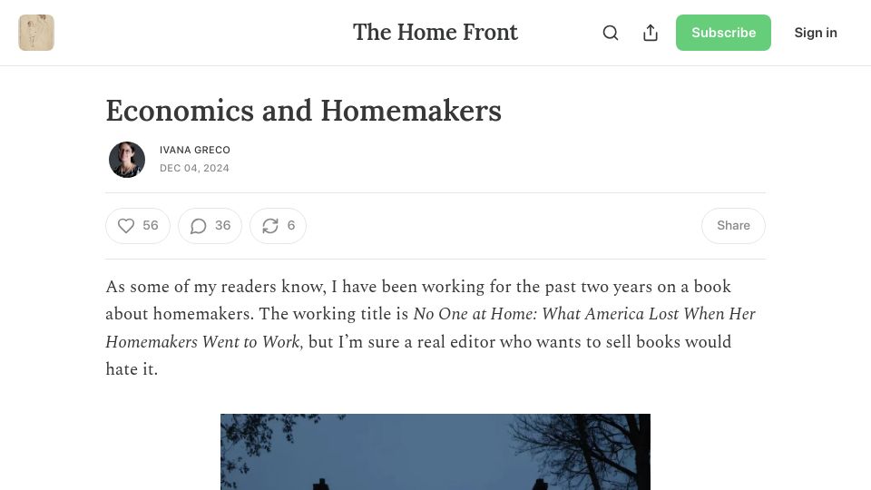 Screenshot of thehomefront.substack.com: Economics and Homemakers