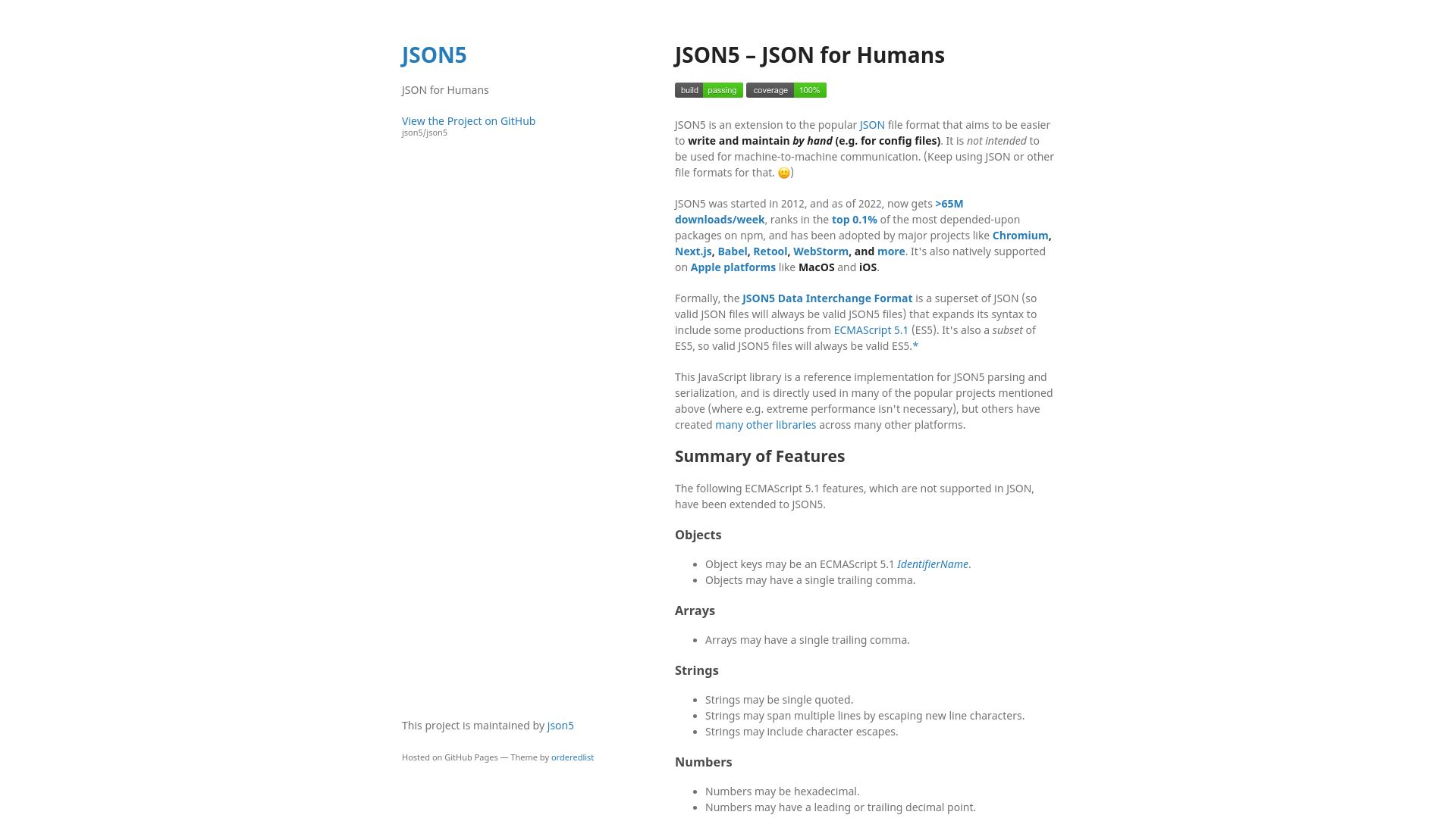 Screenshot of json5.org: JSON5 – JSON for Humans