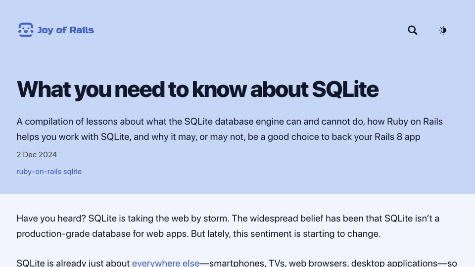 Screenshot of joyofrails.com: What you need to know about SQLite