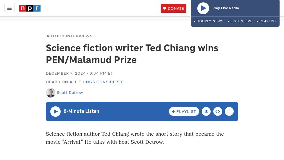 Screenshot of npr.org: Science Fiction Writer Ted Chiang Wins Pen/Malamud Prize