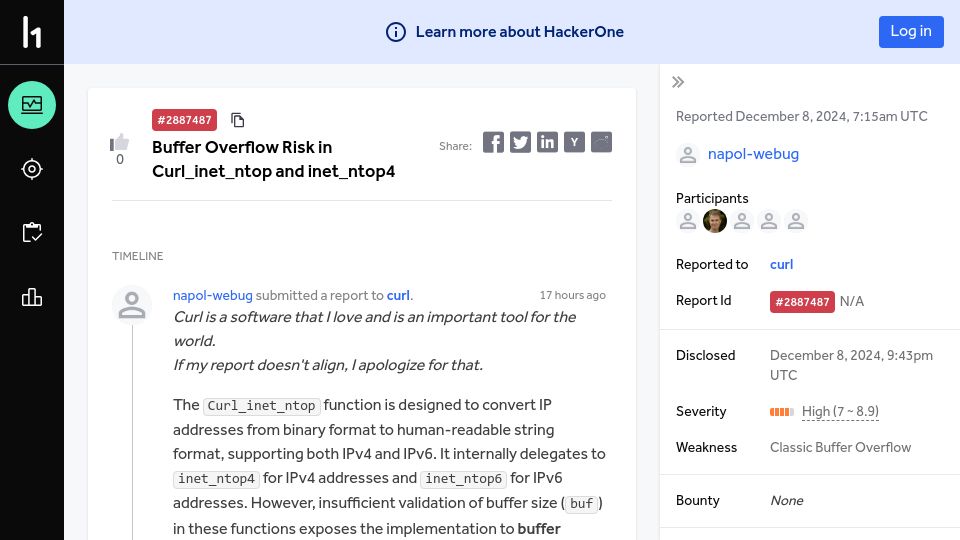 Screenshot of hackerone.com: Buffer Overflow Risk in Curl_inet_ntop and Inet_ntop4