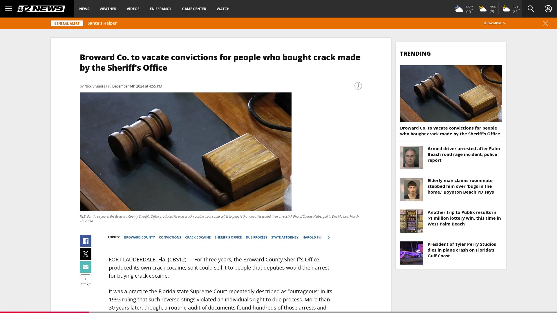 Screenshot of cbs12.com: Broward Co. to vacate convictions for buying crack made by Sheriff's Office