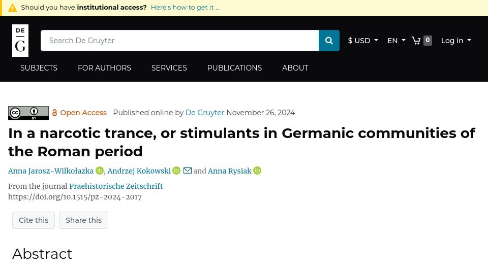 Screenshot of degruyter.com: Stimulants in Germanic communities of the Roman period