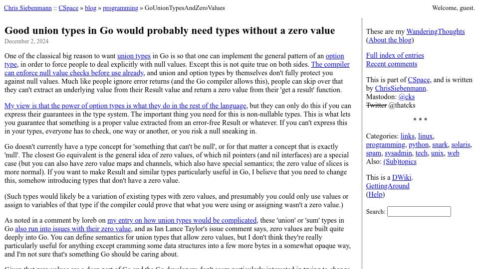 Screenshot of utcc.utoronto.ca: Good union types in Go would probably need types without a zero value