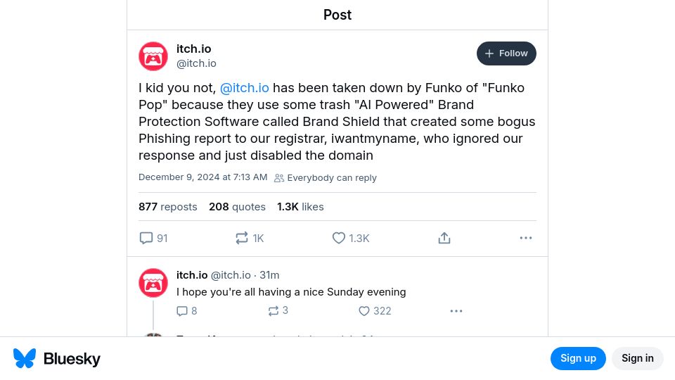 Screenshot of bsky.app: Itch.io Taken Down by Funko