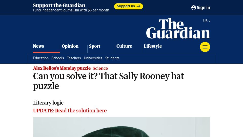 Screenshot of theguardian.com: A liar who always lies says "All my hats are green."