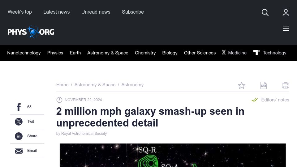 Screenshot of phys.org: 2M MPH galaxy smash-up seen in unprecedented detail