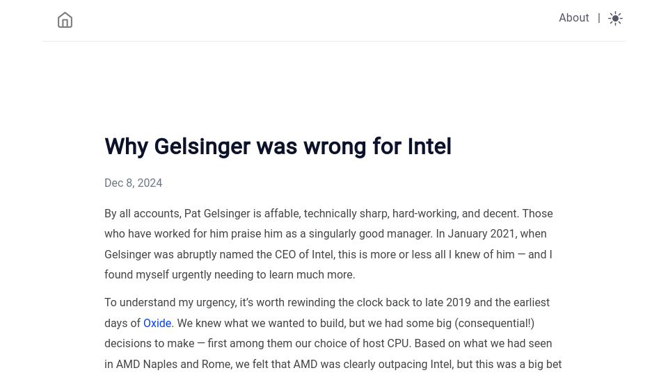 Screenshot of bcantrill.dtrace.org: Pat Gelsinger was wrong for Intel