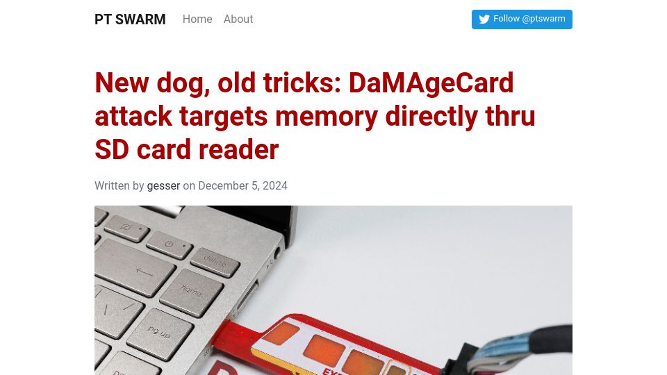 Screenshot of swarm.ptsecurity.com: New dog, old trick: DaMAgeCard attack targets memory directly via SD card reader