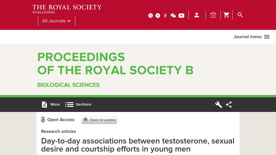Screenshot of royalsocietypublishing.org: Testosterone, sexual desire and courtship efforts association in young men