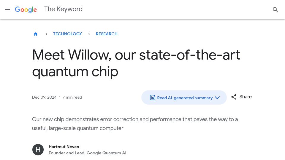 Screenshot of blog.google: Willow, Our Quantum Chip
